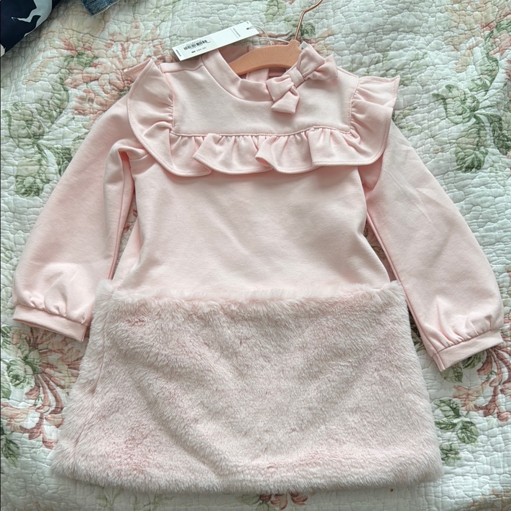 Pink Ruffled Dress with Faux Fur Hem